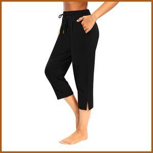 Cotton Polyester Spandex Capri Yoga Pants Loose Fit Drawstring Pockets